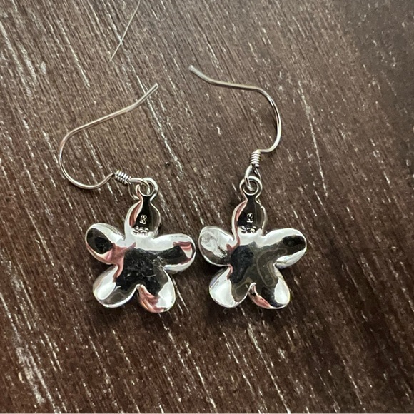 Plumeria CZ Sterling Silver Floral Dangle Drop Earrings. - Picture 5 of 8